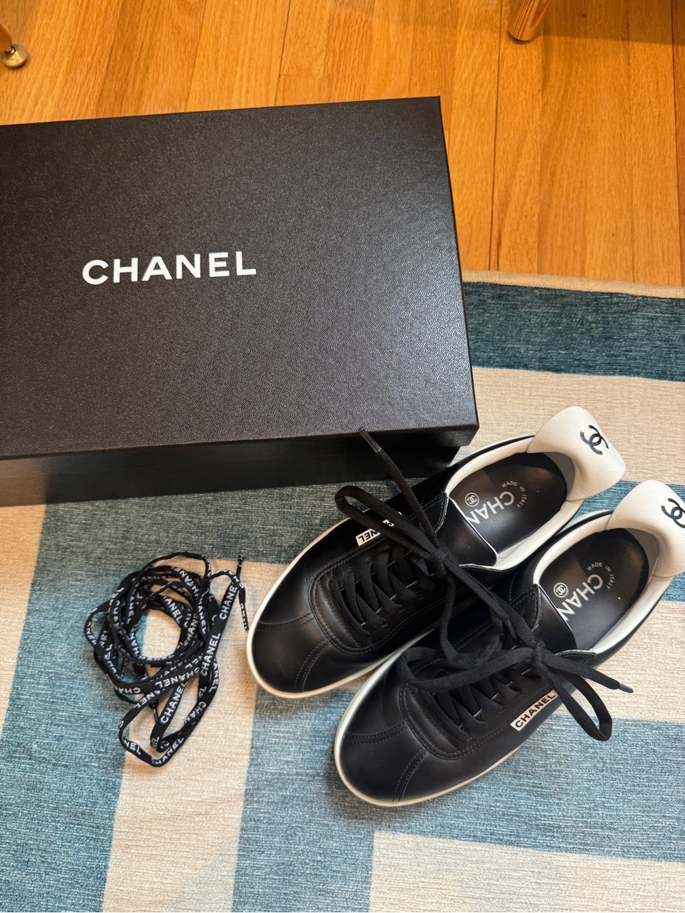 CHANEL Black & White Women’s Leather Sneakers with Contrast Heel
